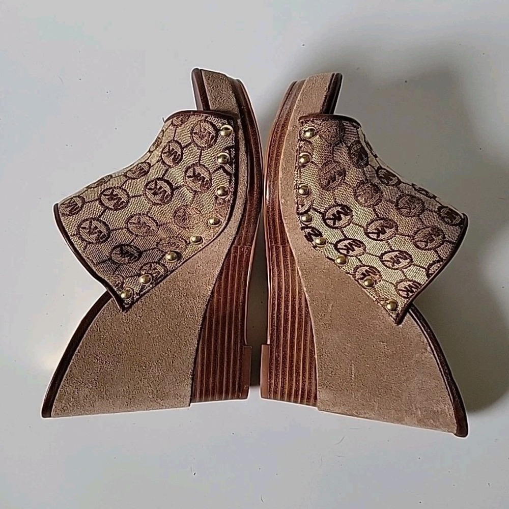 Michael Kors Belinda Open Toe Mules 9M Logo Canvas Suede Leather Platform Wedge - Picture 4 of 15